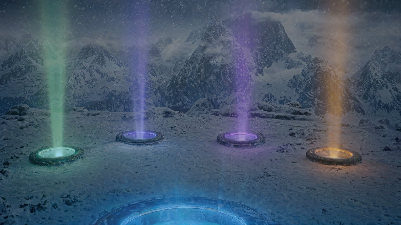 The new five gates: snowy peaks all around, four gates in an arc with beams of colour, the ice-blue gate below