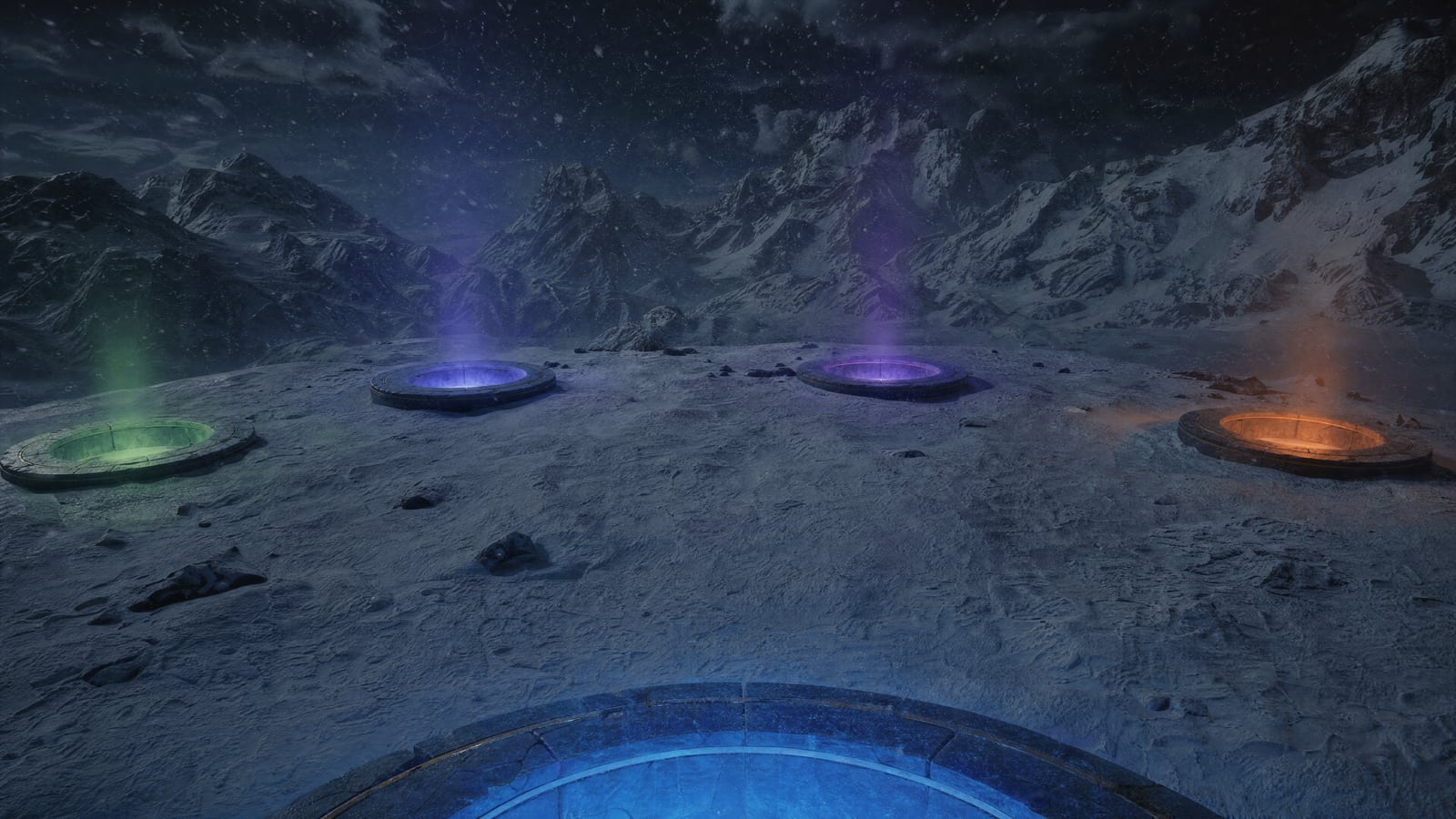 The five gates: crisp night air, snowy peaks, four gates in an arc with thin shafts of light, the ice-blue gate below