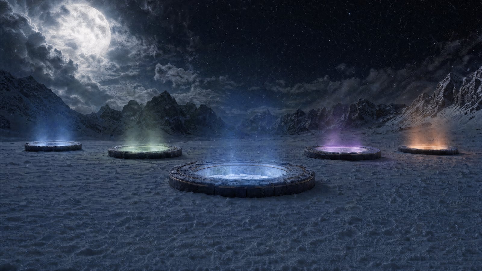 The five gates in a curved arc on the snow, the ice-blue gate nearest in the middle, a huge moon behind clouds, snowy peaks