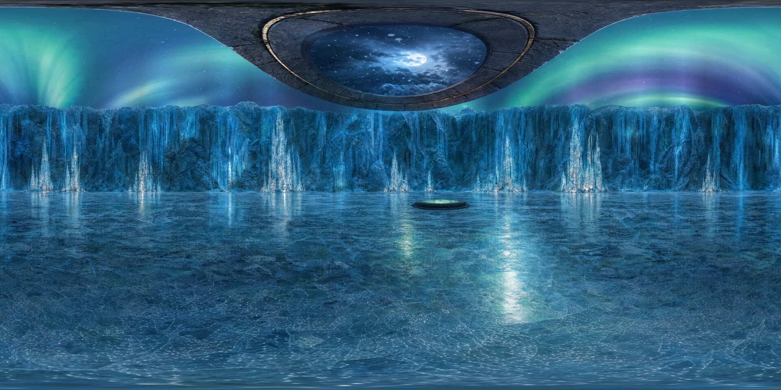 The new ice room: a huge open frosted floor, far towering ice walls, aurora in the ice ceiling, a small flat gate far ahead
