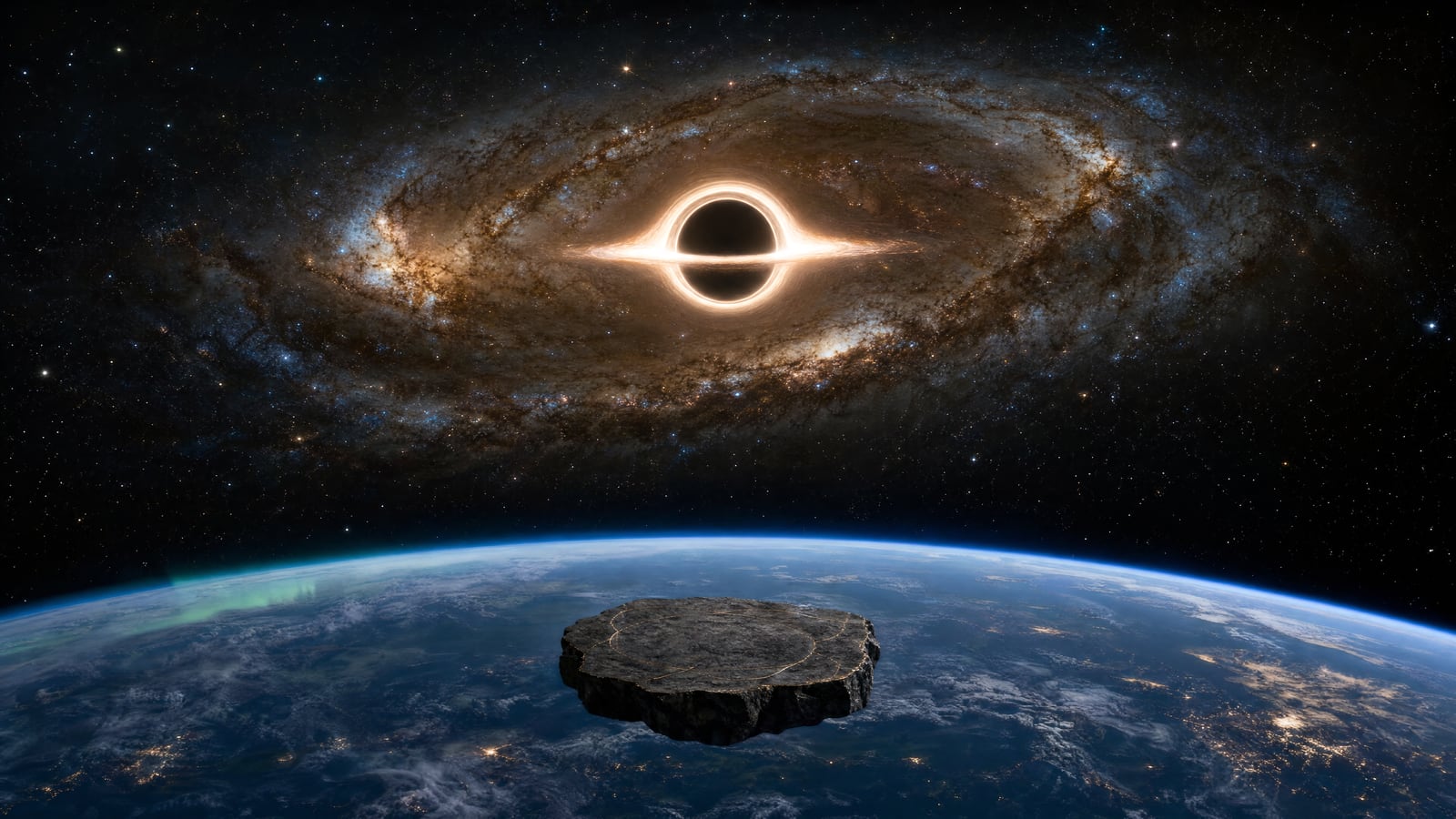 Space: a black hole with a thin bright ring and a bent gold-white disk in a spiral galaxy, the Earth below, a rough stone platform