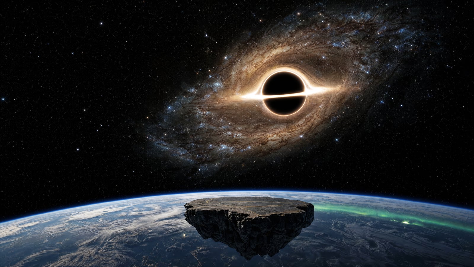 Space: a black hole with a pure black center, a thin bright ring and a bent gold-white disk in a spiral galaxy; the Earth below; a rough stone platform