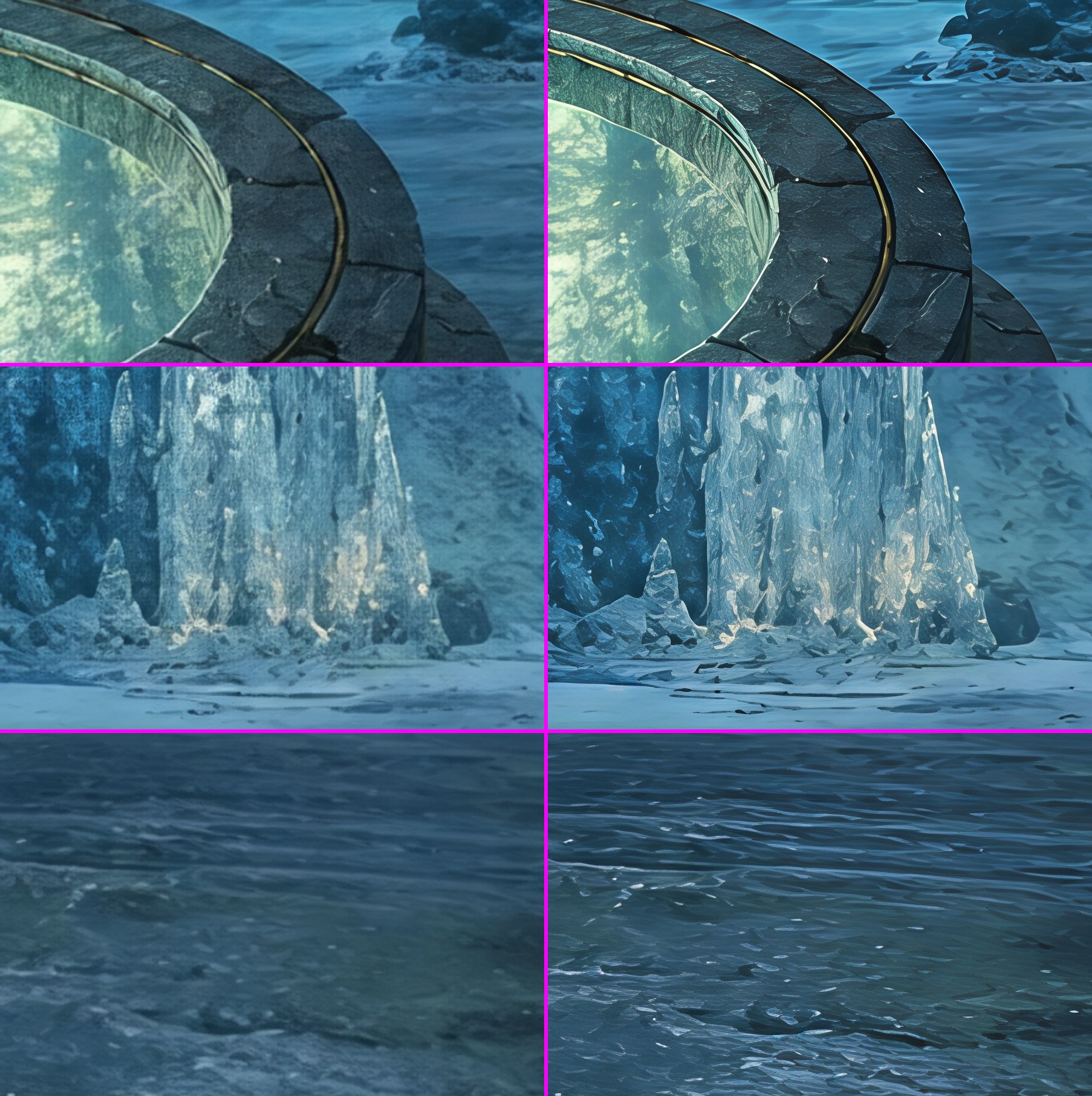 Three places in the ice room, before on the left and after on the right