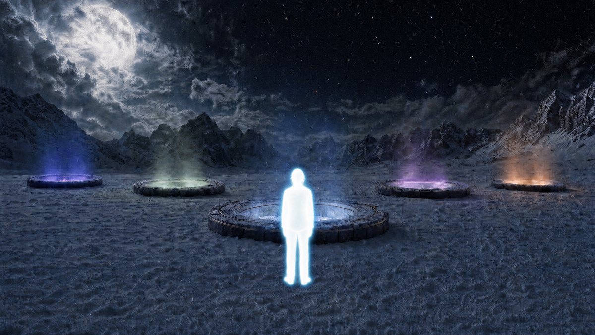 He stands on the snow in front of the five gates